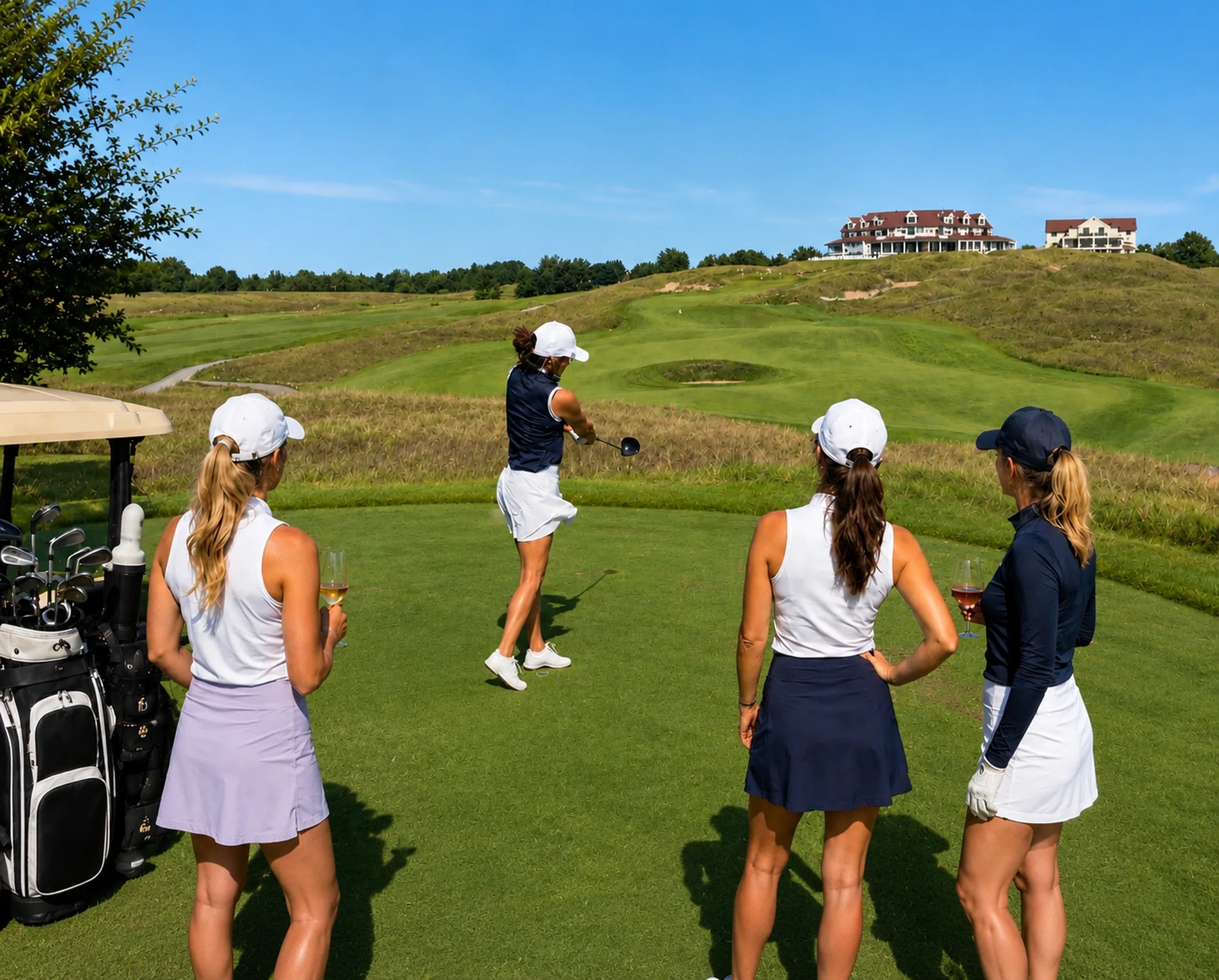 A foursome of women golfers on the tee — one mid-swing while friends watch with drinks in hand