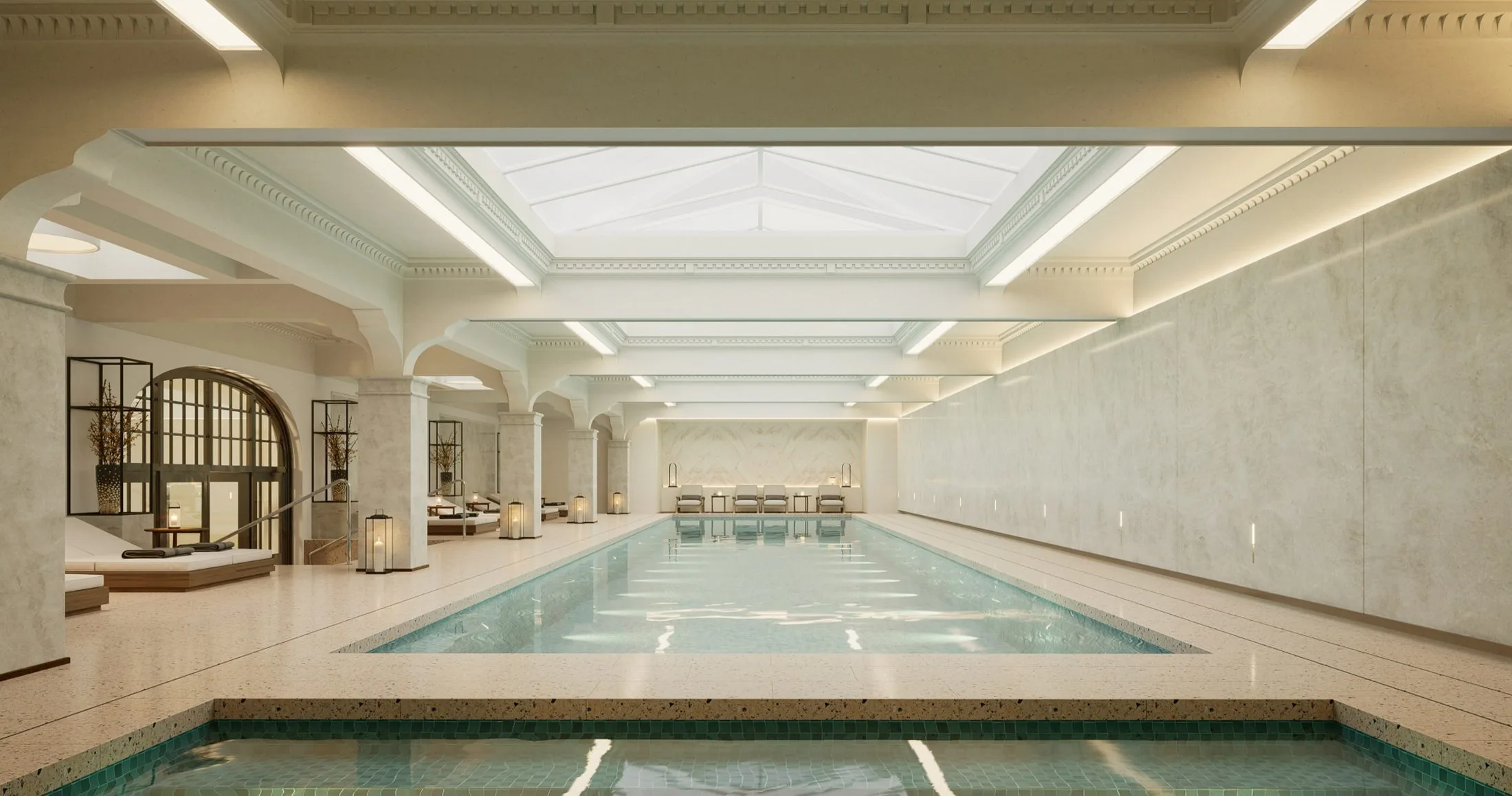 A boutique resort spa with marble walls and an indoor pool